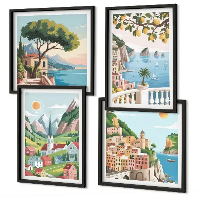 Meereslandschaften und Zitrusfrüchte als Polyptychon mit Rahmen