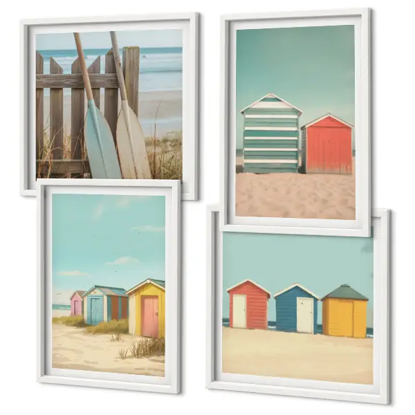 Bunte Strandhäuser als mehrteiliges Wandbild mit Rahmen