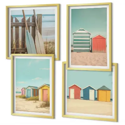Bunte Strandhäuser als mehrteiliges Wandbild mit Rahmen