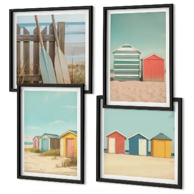 Bunte Strandhäuser als mehrteiliges Wandbild mit Rahmen