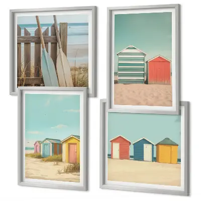Bunte Strandhäuser als mehrteiliges Wandbild mit Rahmen