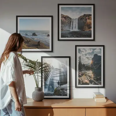 Polyptychon mit Rahmen Wandbild mit Wasserfällen, Bergen und Naturlandschaften