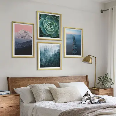 Wanddeko-Set mit Bergen, rosa Himmel, Wasser und Sukkulenten