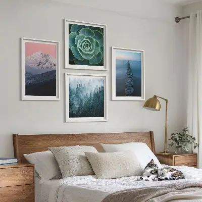Wanddeko-Set mit Bergen, rosa Himmel, Wasser und Sukkulenten