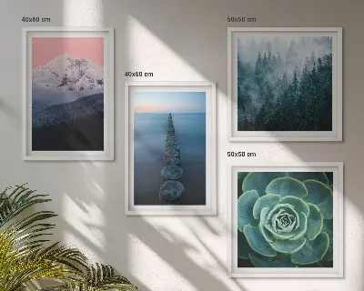 Wanddeko-Set mit Bergen, rosa Himmel, Wasser und Sukkulenten