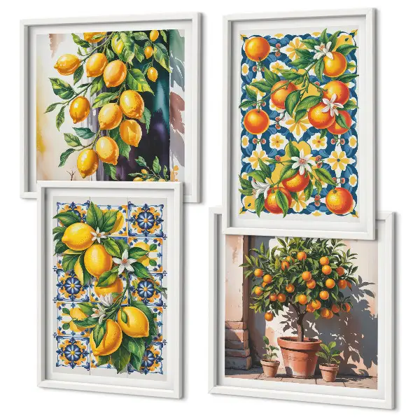 Farbenfrohes abstraktes Wandbild mit Zitrusfrüchten als Polyptychon mit Rahmen