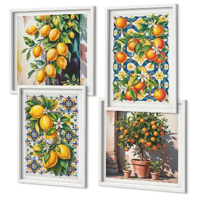 Farbenfrohes abstraktes Wandbild mit Zitrusfrüchten als Polyptychon mit Rahmen