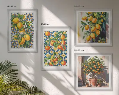 Farbenfrohes abstraktes Wandbild mit Zitrusfrüchten als Polyptychon mit Rahmen