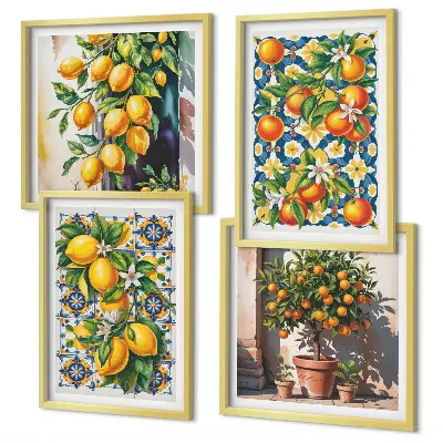 Farbenfrohes abstraktes Wandbild mit Zitrusfrüchten als Polyptychon mit Rahmen