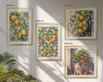 Farbenfrohes abstraktes Wandbild mit Zitrusfrüchten als Polyptychon mit Rahmen