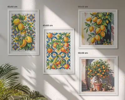 Farbenfrohes abstraktes Wandbild mit Zitrusfrüchten als Polyptychon mit Rahmen