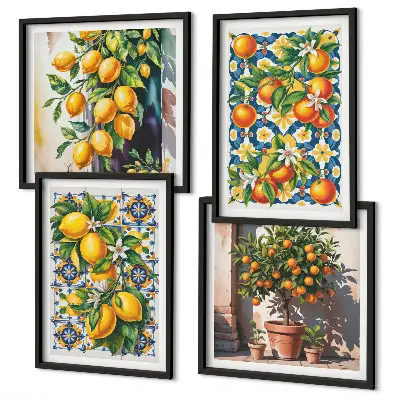 Farbenfrohes abstraktes Wandbild mit Zitrusfrüchten als Polyptychon mit Rahmen