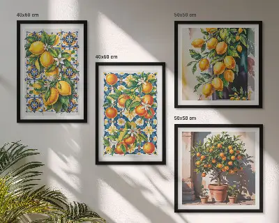 Farbenfrohes abstraktes Wandbild mit Zitrusfrüchten als Polyptychon mit Rahmen