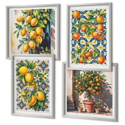 Farbenfrohes abstraktes Wandbild mit Zitrusfrüchten als Polyptychon mit Rahmen