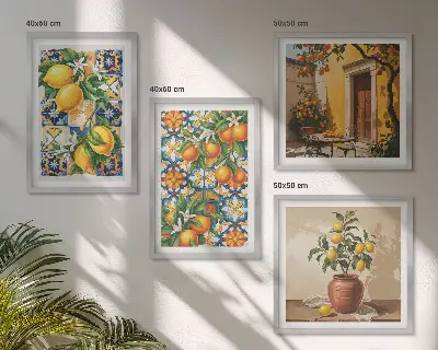 Polyptychon mit Rahmen mit Zitronenorange Blütenmuster