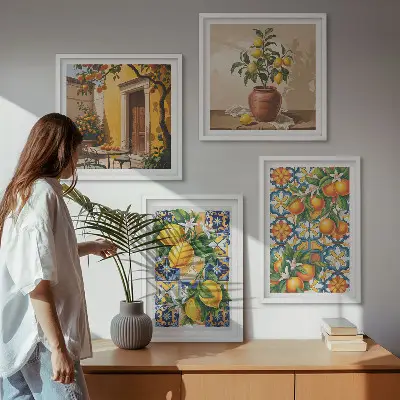 Polyptychon mit Rahmen mit Zitronenorange Blütenmuster