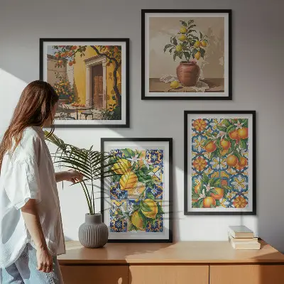 Polyptychon mit Rahmen mit Zitronenorange Blütenmuster