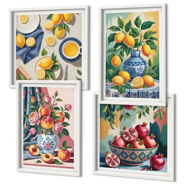 Blumen und Früchte in Vasen als gerahmtes mehrteiliges Wandbild