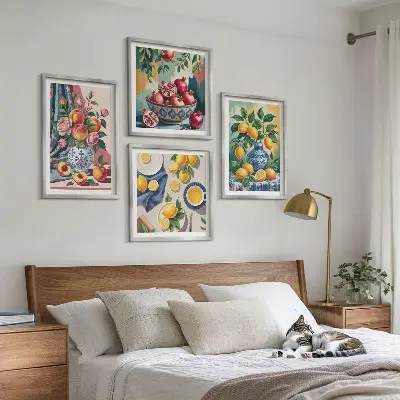 Blumen und Früchte in Vasen als gerahmtes mehrteiliges Wandbild