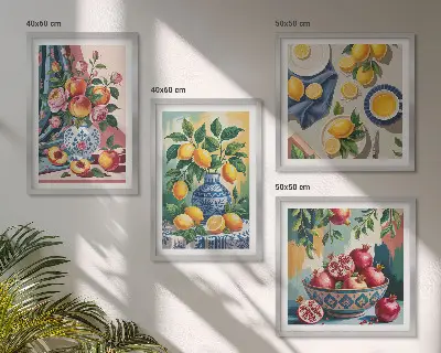 Blumen und Früchte in Vasen als gerahmtes mehrteiliges Wandbild
