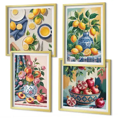 Blumen und Früchte in Vasen als gerahmtes mehrteiliges Wandbild