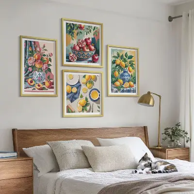 Blumen und Früchte in Vasen als gerahmtes mehrteiliges Wandbild