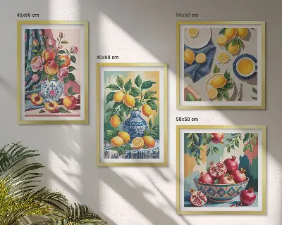 Blumen und Früchte in Vasen als gerahmtes mehrteiliges Wandbild