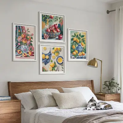 Blumen und Früchte in Vasen als gerahmtes mehrteiliges Wandbild