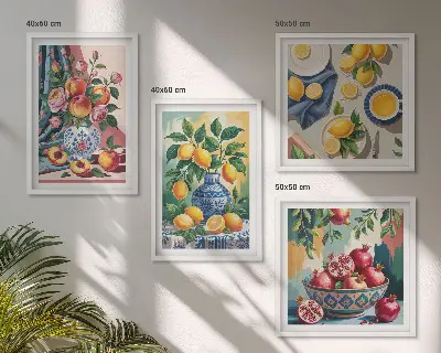 Blumen und Früchte in Vasen als gerahmtes mehrteiliges Wandbild