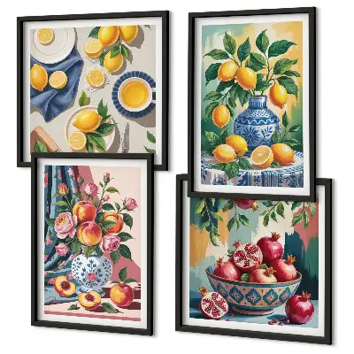 Blumen und Früchte in Vasen als gerahmtes mehrteiliges Wandbild