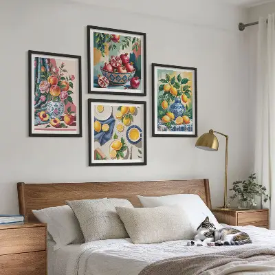 Blumen und Früchte in Vasen als gerahmtes mehrteiliges Wandbild