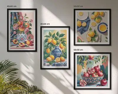 Blumen und Früchte in Vasen als gerahmtes mehrteiliges Wandbild