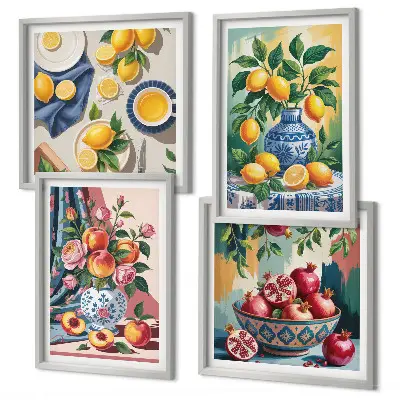 Blumen und Früchte in Vasen als gerahmtes mehrteiliges Wandbild