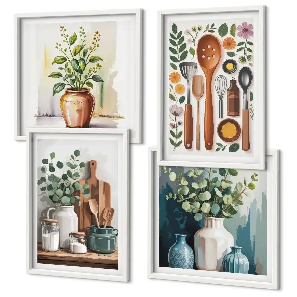 Wanddeko-Set mit Motiven von Küchenaccessoires auf pflanzlicher Basis