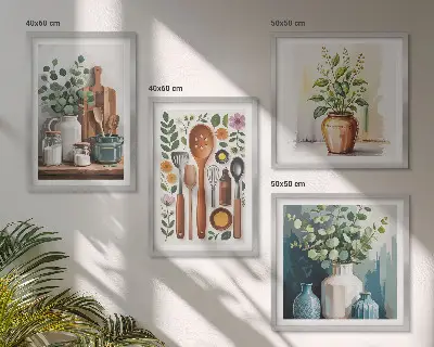 Wanddeko-Set mit Motiven von Küchenaccessoires auf pflanzlicher Basis