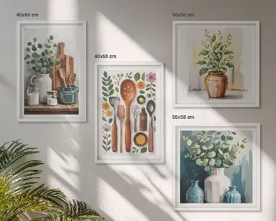 Wanddeko-Set mit Motiven von Küchenaccessoires auf pflanzlicher Basis