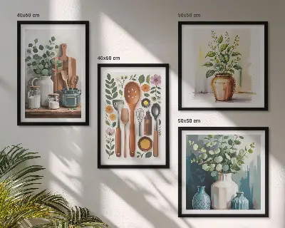 Wanddeko-Set mit Motiven von Küchenaccessoires auf pflanzlicher Basis