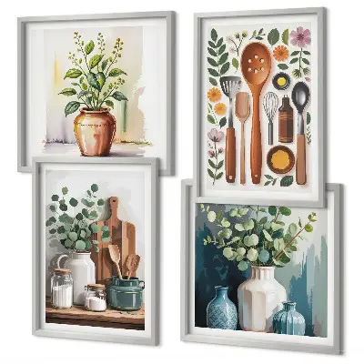 Wanddeko-Set mit Motiven von Küchenaccessoires auf pflanzlicher Basis