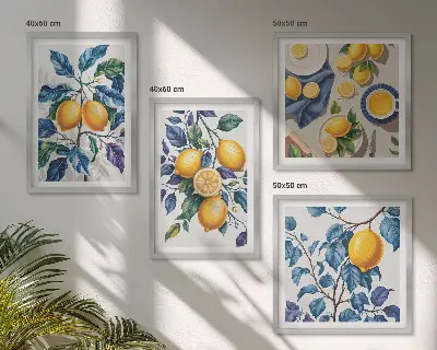 Zitronenzweige mit blauen Blättern als gerahmtes Polyptychon