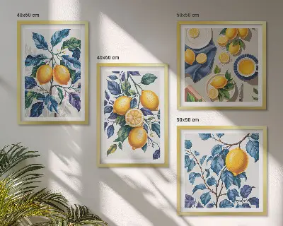 Zitronenzweige mit blauen Blättern als gerahmtes Polyptychon