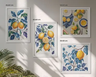 Zitronenzweige mit blauen Blättern als gerahmtes Polyptychon