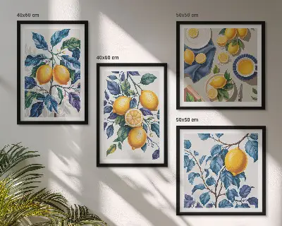 Zitronenzweige mit blauen Blättern als gerahmtes Polyptychon