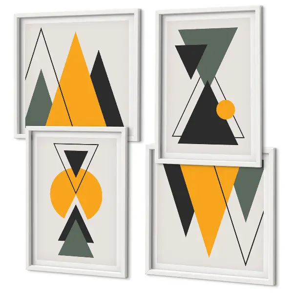 Abstrakte geometrische Formen als mehrteiliges Wandbild mit Rahmen