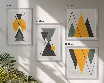 Abstrakte geometrische Formen als mehrteiliges Wandbild mit Rahmen
