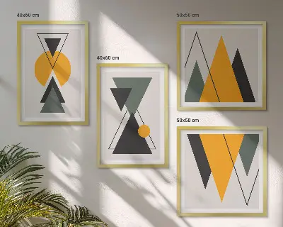 Abstrakte geometrische Formen als mehrteiliges Wandbild mit Rahmen
