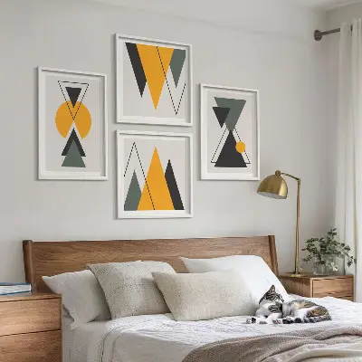 Abstrakte geometrische Formen als mehrteiliges Wandbild mit Rahmen