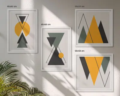 Abstrakte geometrische Formen als mehrteiliges Wandbild mit Rahmen