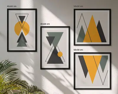 Abstrakte geometrische Formen als mehrteiliges Wandbild mit Rahmen