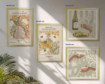 Blumenmuster aus europäischen Städten als gerahmtes Polyptychon