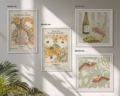 Blumenmuster aus europäischen Städten als gerahmtes Polyptychon